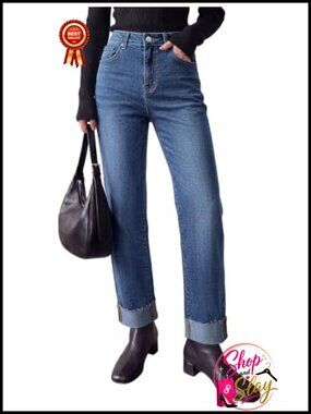 High Rise Wide Leg Baggy Stretchy Jeans with Pockets Raw Hem